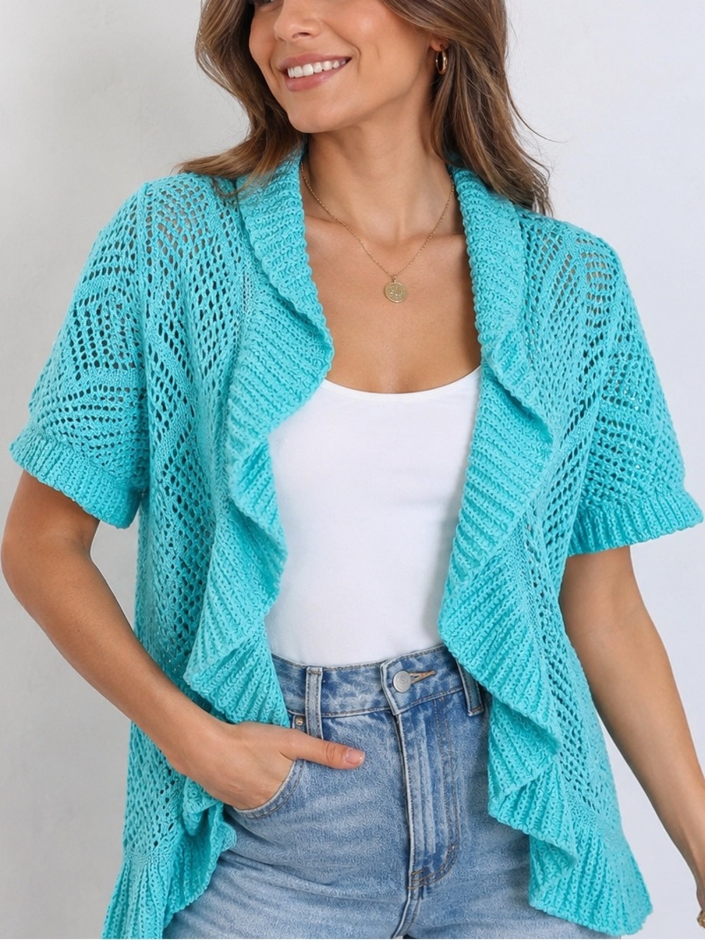Lark Lane XL Aqua Open Knit Cardigan Short Sleeve Ruffle Trim Lightweight NWT
